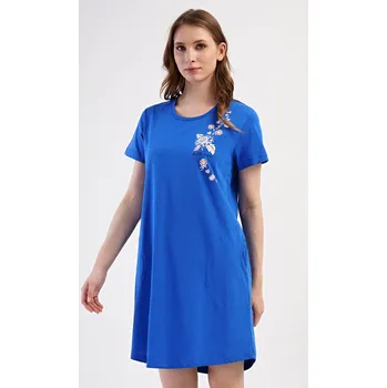 Dámské noční prádlo Vienetta Dámské domácí šaty s krátkým rukávem Květy Barva: Modrá, Velikost: XL