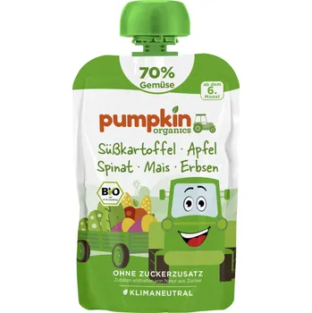 Dětská výživa Pumpkin Organics BIO Zeleninové pyré 70% - Batát, jablko, špenát, kukuřice, hrášek, 6. měsíc, 100 g