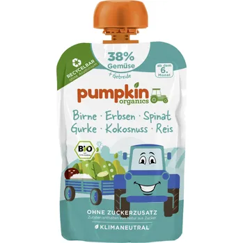 Pumpkin Organics BIO Zeleninové pyré - Hruška, hrášek, špenát, okurka, kokos, rýže, 6. měsíc, 100 g