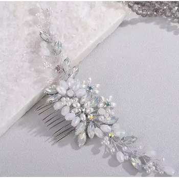Ozdoba do vlasů B-TOP Postříbřený hřeben do vlasů s opálovými krystaly a perlovými květy