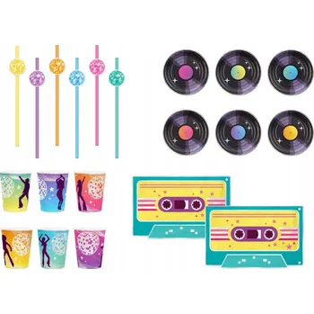 Party nádobí SUPER Sada Disco 70. a 80. léta Talířky Kelímky Ubrousky 28ks MK753