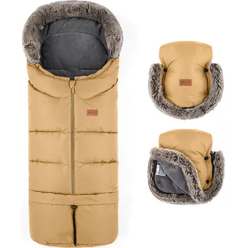 Dětská deka PETITE&MARS Set zimní fusak Arctic 4v1 + rukavice na kočárek Furry Elegant Caramel