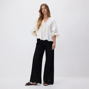 Reserved - Volné kalhoty s krajkovou výšivkou - černý - ZQ657-99X - ZQ657-99X-M