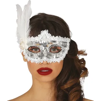 Karnevalová maska Guirca Škraboška se stříbrnými flitry s bílým pírkem