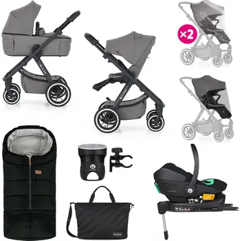 Kočárek pro psa PETITE&MARS Kočárek kombinovaný ICON 2v1 Dove Grey XXL AIR + Core Pro i-Size Black Grey + Báze