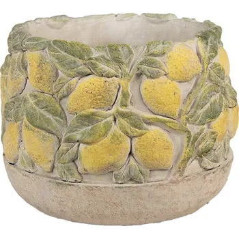 Květináč Béžový antik cementový květináč zdobený citróny Lemoni - Ø 19*15cm