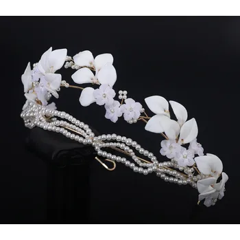 Čelenka B-TOP Dvojitá pozlacená čelenka s bílými květy, lístky a perlami