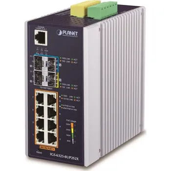 Příslušenství pro kamerový systém Planet IGS-6325-8UP2S2X průmyslový L3 switch, 8x1Gb, 2x2.5Gb SFP, 2x10Gb SFP+, 90/360W, 48-54VDC, -40~75°C, fanless