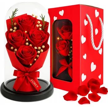 umělá květina STABILIZOVANÁ RŮŽE KRÁSNÁ KYTICE 7 RŮŽÍ VE SKLE SVÍTÍCÍ LED LAMPA DÁREK
