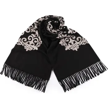 Šátek Šátek / šála vlněná s třásněmi, výšivka 70x185 cm - 3 černá