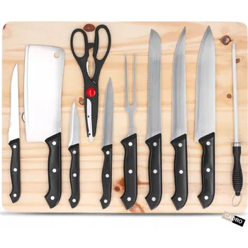 Kuchyňský nůž Sada kuchyňských nožů + prkénko na krájení, nůžky, ocílka, vidlička, 11 dílů