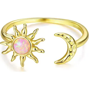 Prsten For Silver Otevřený pozlacený prsten Měsíc a Slunce s růžovým opálem – Stříbro 925