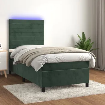 Postel vidaXL Box spring postel s matrací a LED 90x200 cm samet [3136162] Barva: Tmavě zelená