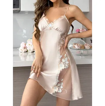 Dámské noční prádlo Krátká noční košilka s krajkou Barva: Béžová, Velikostní tabulka: M