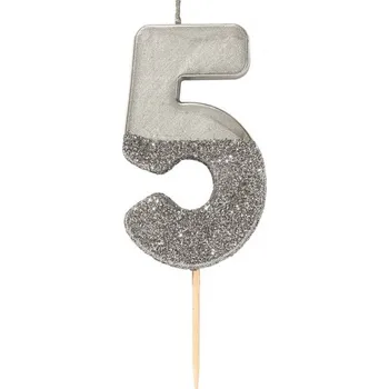 Dortová svíčka NAROZENINOVÁ SVÍČKA NA DORT STŘÍBRNÁ NAROZENINOVÁ DEKORACE ČÍSLICE 5