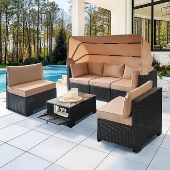 Zahradní sestava Velký ratanový zahradní set Avenberg GALIA černá/modrá + béžové potahy