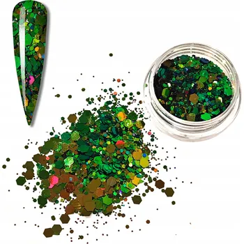 Třpytky na nehty, vločky, ozdoby KAMELEON ZELENÁ