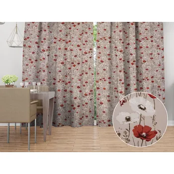 ubrus Bavlněný závěs Sandra SA-631 Červeno-bílé vlčí máky na šedobéžovém 150x180 cm