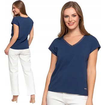 Dámská košile BAVLNĚNÁ DÁMSKÁ BLŮZKA S KRAJKOVÝM VÝSTŘIHEM MORAJ MODRÁ S