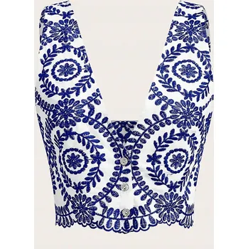 Podprsenka MODROBÍLÝ KRÁTKÝ VYŠÍVANÝ KNOFLÍKY KNOFLÍKY A VÝSTŘIHEM SHEIN S