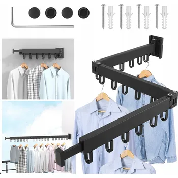 Věšák SKLÁDACÍ VĚŠÁK NA OBLEČENÍ VYSOUVACÍ TRI-FOLD NA ZEĎ BALKON 120CM ČERNÝ