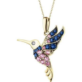 Přívěsek Zlatý přívěsek s briliantem, drahokamy a ozdobnými kameny - kolibřík - ryzost 585 - 220.915 Žluté zlato