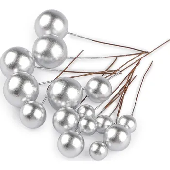 umělá květina Kuličky / bobule na drátku ke tvoření Ø1-2 cm, barva 2 stříbrná