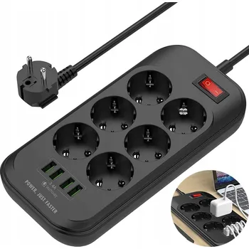 Napájecí kabel PRODLUŽOVACÍ KABEL zásuvková lišta 6 zásuvek se 4 USB VYPÍNAČI, 2m