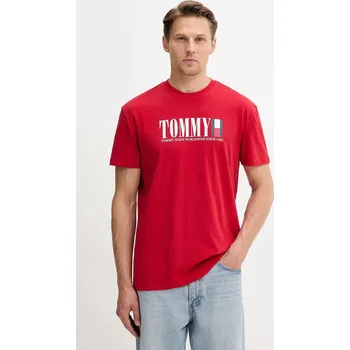 Bavlněné tričko Tommy Jeans pánské, červená barva, s potiskem, DM0DM21941 33X, vel. XL