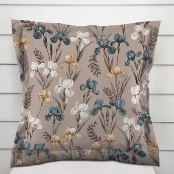 Povlak na polštářek Bavlněný povlak na polštář s lemem Sandra SA-637 Modro-béžovo-bílé kosatce na šedobéžovém 40 x 40 cm