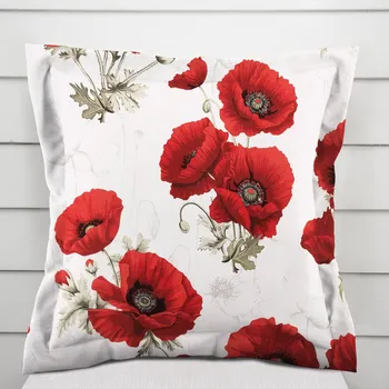 Povlak na dekorativní polštářek Bavlněný povlak na polštář s lemem Sandra SA-632 Vlčí máky na bílém 40 x 40 cm