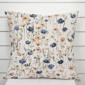Povlak na dekorativní polštářek Bavlněný povlak na polštář Sandra SA-630 Modro-hnědé vlčí máky na světle vanilkovém 40 x 60 cm