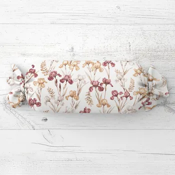 Dekorativní polštářek Polštář válec bonbon Sandra SA-636 Vínovo-béžové kosatce na bílém 15x60 cm