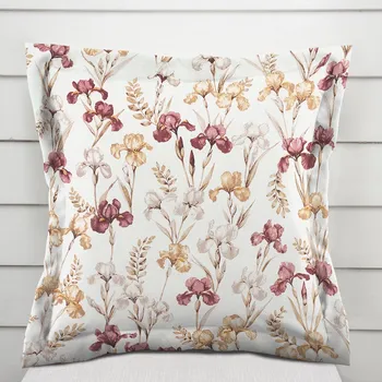 Povlak na dekorativní polštářek Bavlněný povlak na polštář s lemem Sandra SA-636 Vínovo-béžové kosatce na bílém 40 x 40 cm