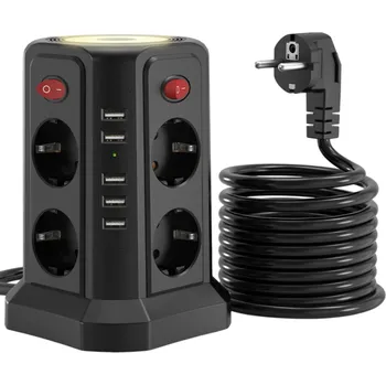 Elektrická zásuvka Multifunkční prodlužovací 8× AC zásuvka a 5× USB-A 3m kabel EU zásuvky 2,4A 10A Ovládání napájení Noční světlo Ochrana přepětí přetížení