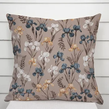 Povlak na dekorativní polštářek Bavlněný povlak na polštář Sandra SA-637 Modro-béžovo-bílé kosatce na šedobéžovém 40 x 60 cm