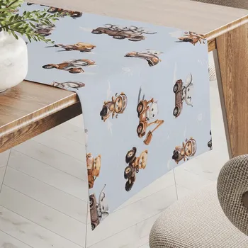 ubrus Dětský bavlněný běhoun na stůl Sandra SA-629 Zvířátka v autech na modrém 35x140 cm