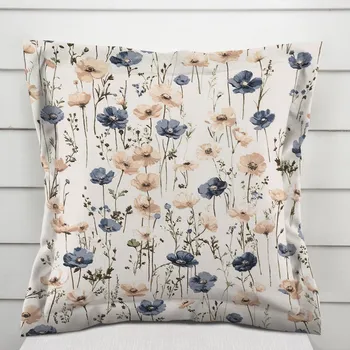 Povlak na polštářek Bavlněný povlak na polštář s lemem Sandra SA-630 Modro-hnědé vlčí máky na světle vanilkovém 50 x 60 cm