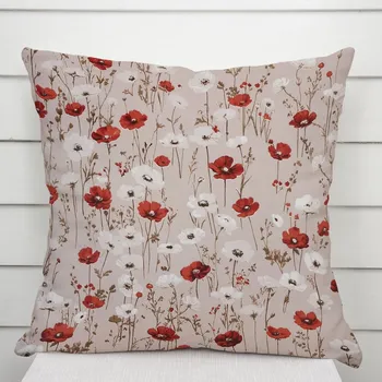 Povlak na polštářek Bavlněný povlak na polštář Sandra SA-631 Červeno-bílé vlčí máky na šedobéžovém 40 x 40 cm