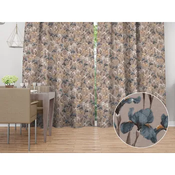 ubrus Bavlněný závěs Sandra SA-637 Modro-béžovo-bílé kosatce na šedobéžovém 150x140 cm