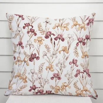 Povlak na dekorativní polštářek Bavlněný povlak na polštář Sandra SA-636 Vínovo-béžové kosatce na bílém 35 x 45 cm