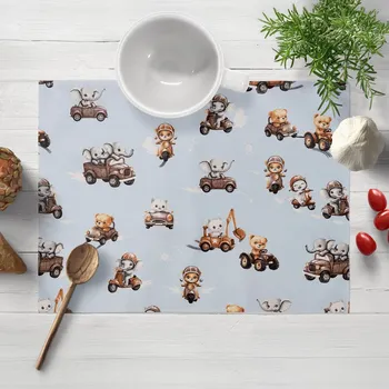 prostírání Dětské bavlněné prostírání na stůl Sandra SA-629 Zvířátka v autech na modrém 30x40 cm