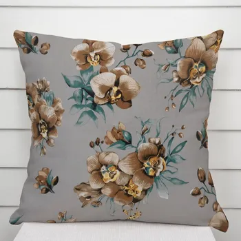 Povlak na dekorativní polštářek Bavlněný povlak na polštář Sandra SA-622 Hnědé orchideje na šedém 40 x 60 cm