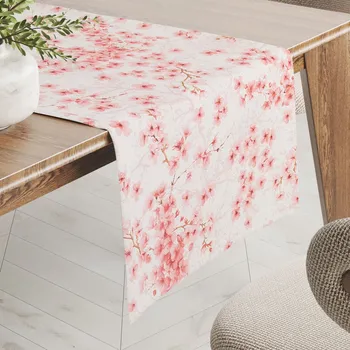 ubrus Bavlněný běhoun na stůl Sandra SA-633 Růžové třešňové květy na bílém 35x120 cm