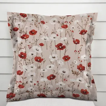 Povlak na polštářek Bavlněný povlak na polštář s lemem Sandra SA-631 Červeno-bílé vlčí máky na šedobéžovém 50 x 60 cm