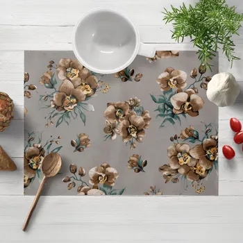 prostírání Bavlněné prostírání na stůl Sandra SA-622 Hnědé orchideje na šedém 30x40 cm