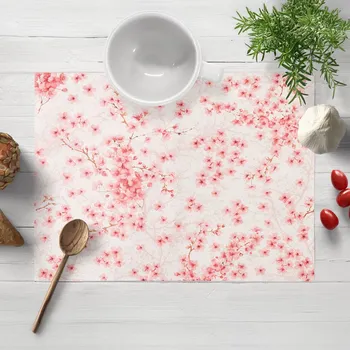 prostírání Bavlněné prostírání na stůl Sandra SA-633 Růžové třešňové květy na bílém 30x40 cm