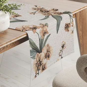 ubrus Bavlněný běhoun na stůl Sandra SA-624 Hnědé orchideje na bílém 20x140 cm