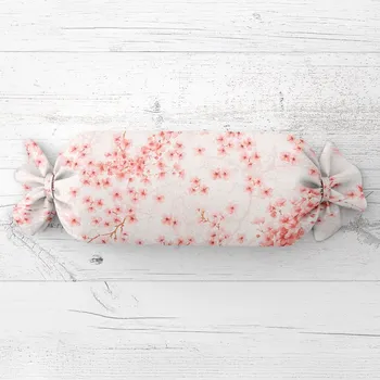 Dekorativní polštářek Polštář válec bonbon Sandra SA-633 Růžové třešňové květy na bílém 15x40 cm