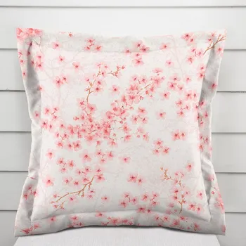 Povlak na polštářek Bavlněný povlak na polštář s lemem Sandra SA-633 Růžové třešňové květy na bílém 50 x 60 cm